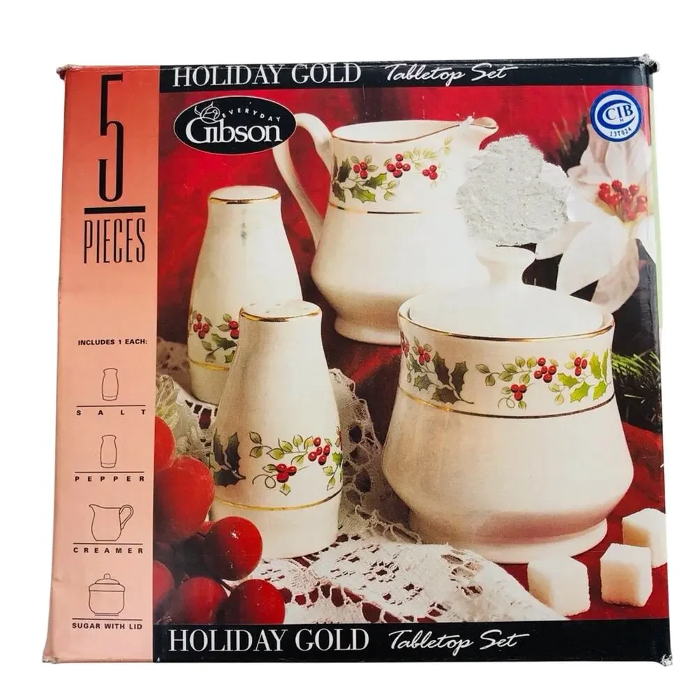 NIB Everyday Gibson Holiday Gold Table Top Set Salt Pepper Creamer Sugar